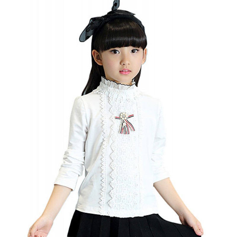 Girl's Cotton Spring/Autumn Fashion Solid Color Long Sleeve Ruffle Collar Lace Base Shirt Blouse Casual/Daily Clothes  