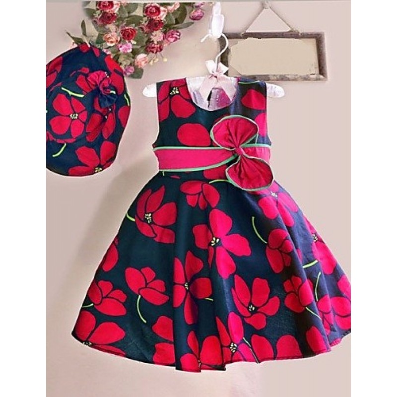 Girl's Flower Print Sleeveless Dress,Cotton Summer...